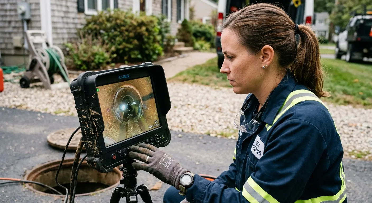 Technician reviewing sewer camera inspection footage in Sanger