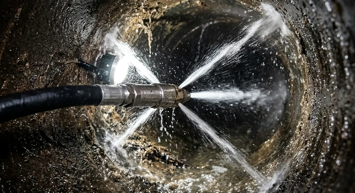 High-pressure hydro jetting nozzle cleaning sewer pipe for Storm Drain Cleaning in Sanger