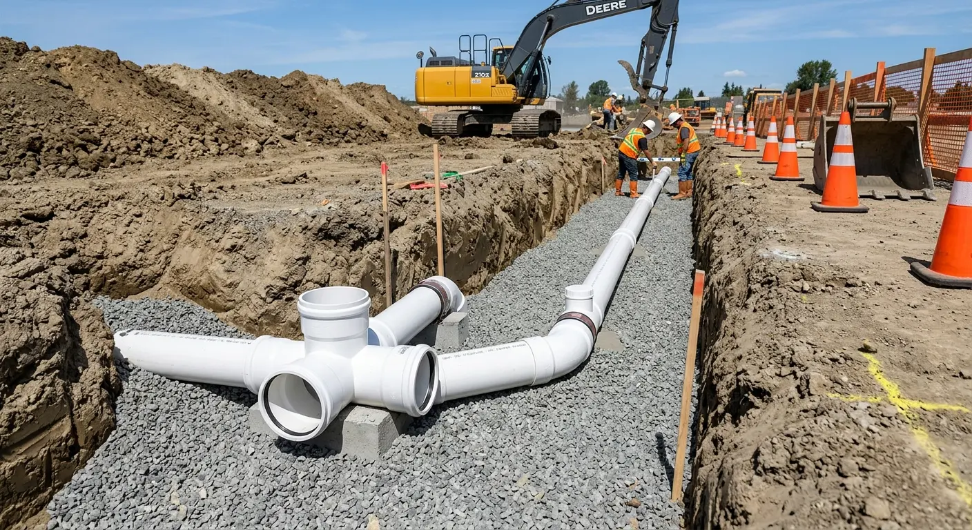 New PVC sewer pipe installation in open trench for Sewer Backup in Sanger