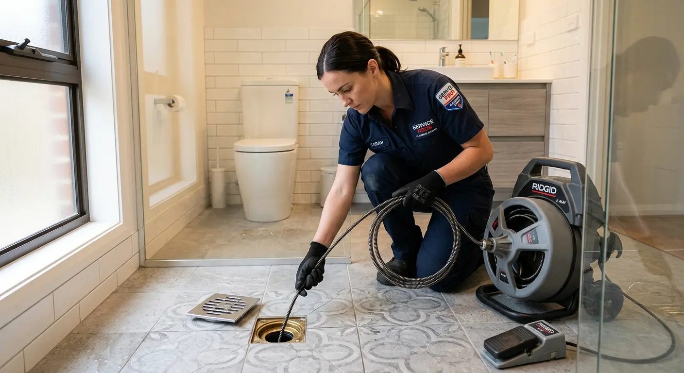 Technician clearing a bathroom floor drain for Sewer Line Replacement in Sanger